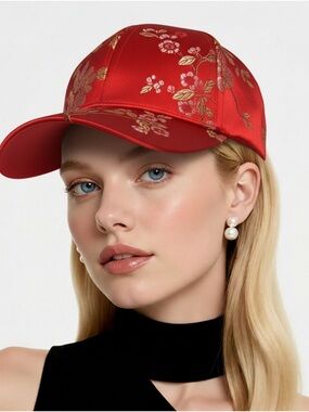 Red Satin Floral Baseball Cap with Gold Embroidery